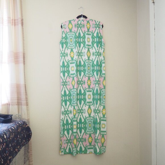 Sheridan French Callie Green Yellow Pink Ikat Sleeveless Maxi Dress sz M - Picture 6 of 6